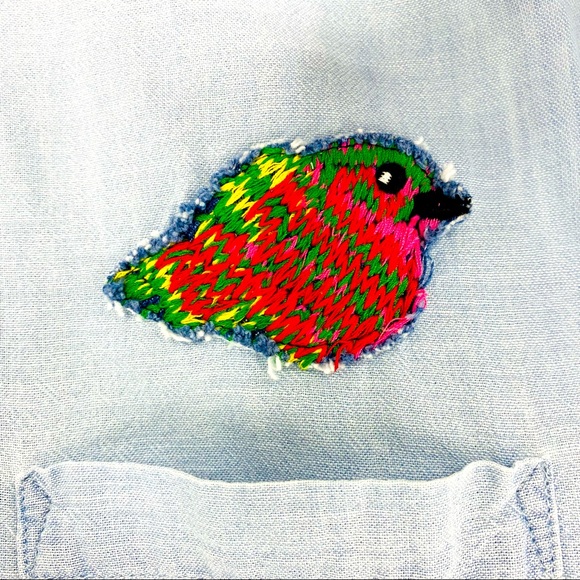McGuire Denim Embroidered Bird Long Sleeve Chambray Button-Front Top XS - Picture 6 of 9